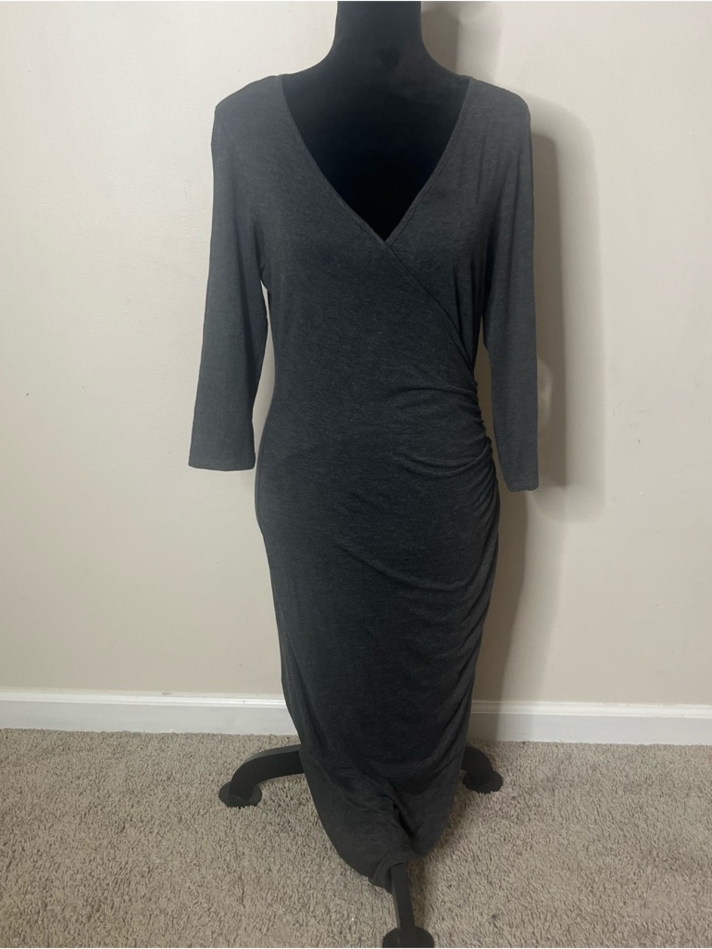 Love Andrea Women’s Gray V~Neck Faux Wrap Ruched Zip Jersey Knit Dress Sz L‎